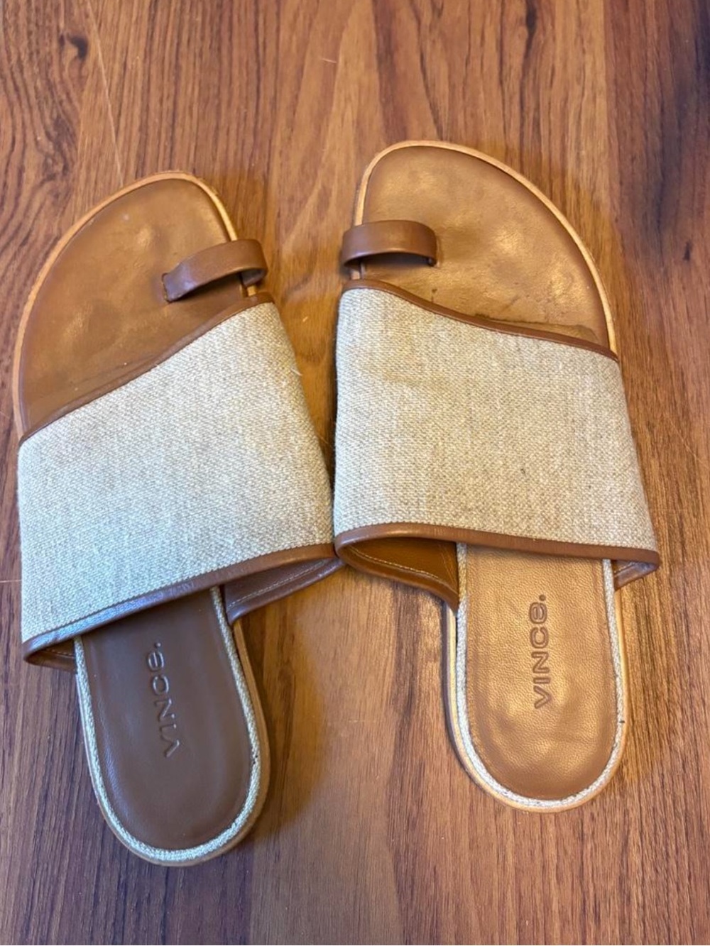 Vince Brown Leather & Beige Canvas Slide Sandals